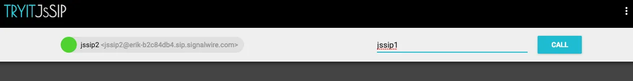 A screenshot of the TryIt JsSIP interface showing a green dot next to the jssip2 endpoint. In the field labeled 'SIP URI or username', the endpoint named jssip1 has been entered. A blue button is labeled 'Call'.